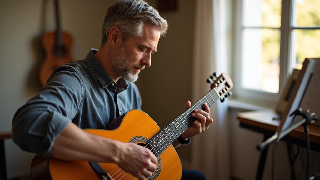 Mature musician practicing alone in bright music studio with instrument and stand