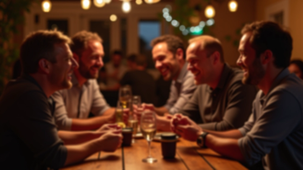Mixed age group of friends laughing together at Portuguese karaoke venue, enjoying drinks and conversation