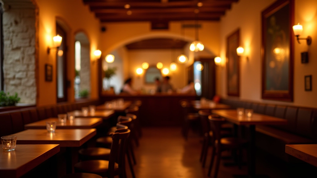 Portuguese restaurant or cultural venue interior with warm lighting, wooden furniture, and intimate dining space perfect for live performances