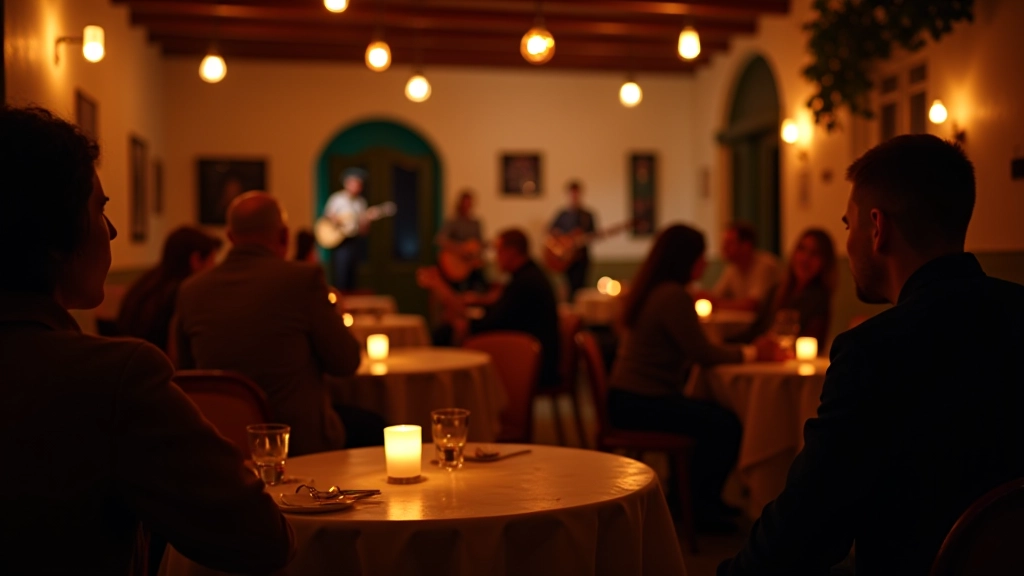 Intimate bossa nova performance venue in Portugal with candlelit tables and acoustic guitarist on stage