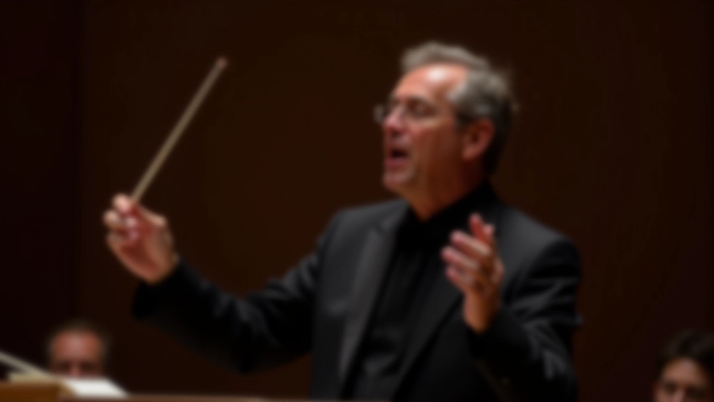 Orchestra conductor leading rehearsal with raised baton, musicians concentrating with instruments