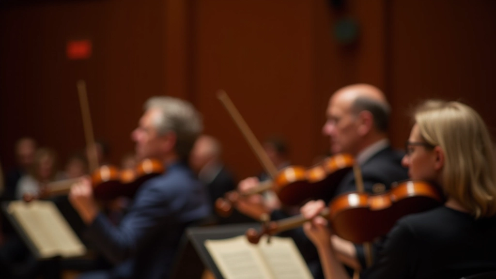 Group of mature musicians in rehearsal, focused on sheet music with warm ensemble lighting