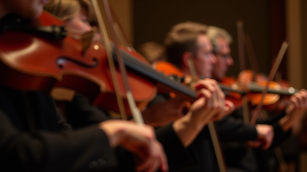 Community orchestra members rehearsing together with violins and cellos in performance hall