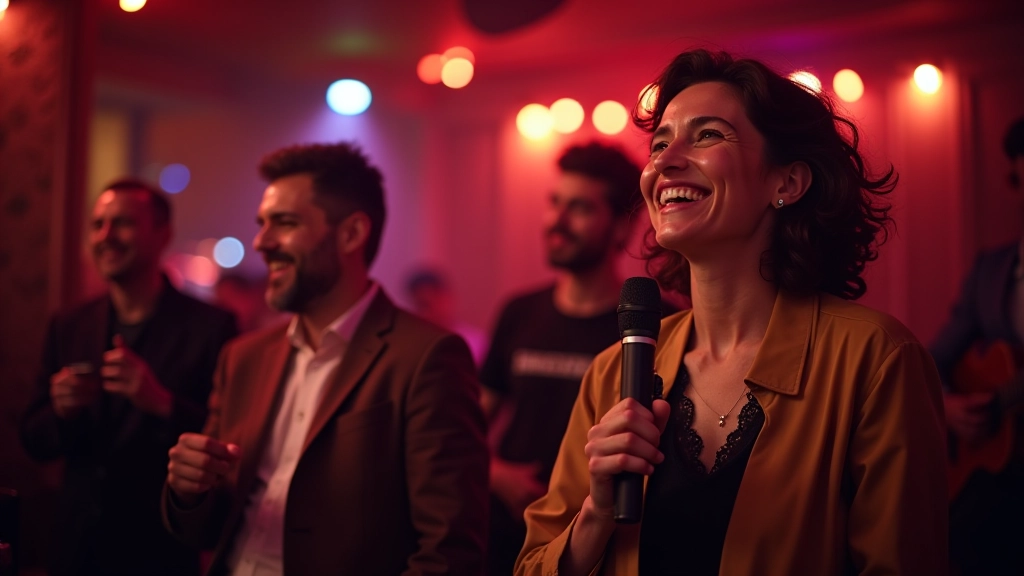 Group of friends enjoying karaoke night at Portuguese social venue with colorful stage lighting