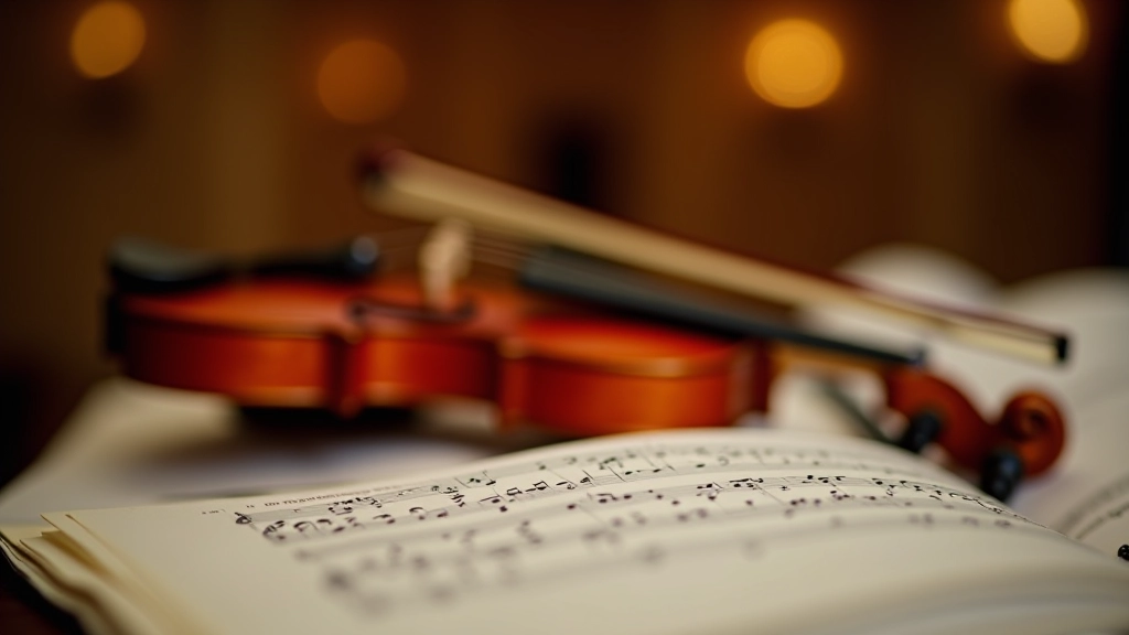 Close-up of violin scroll and bow resting on sheet music in rehearsal room