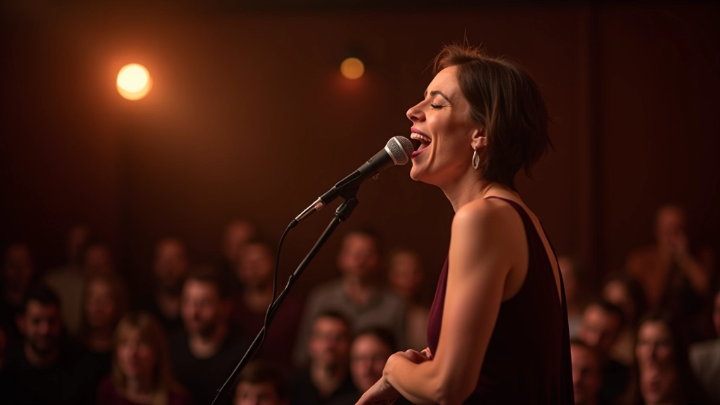 Woman at microphone performing karaoke with genuine smile, supportive audience visible in background